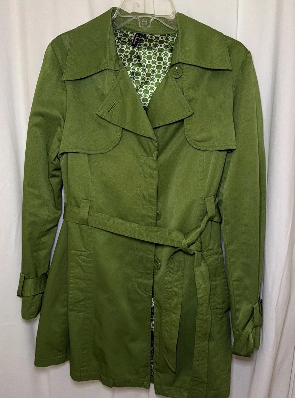 Ambitious Womens Green Belted Trench Coat Jacket Size L Large Classic